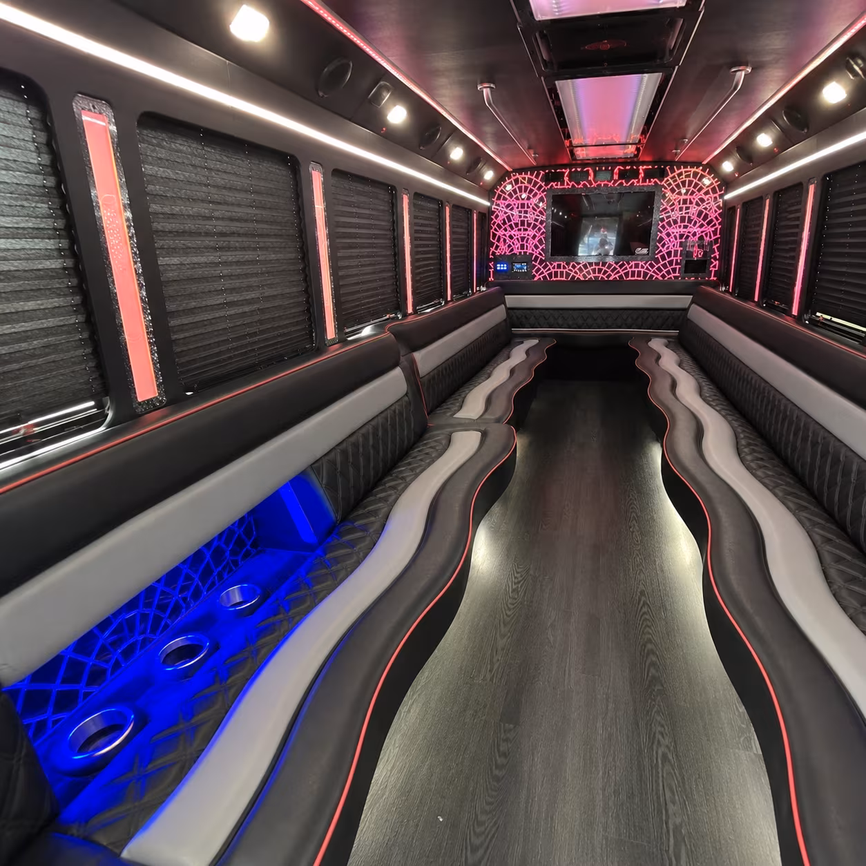 Interior of a party bus rental serving Portland